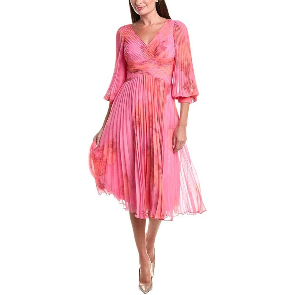 Teri Jon By Rickie Freeman Womens Printed Chiffon Pleated Full Sleeve V-Neck